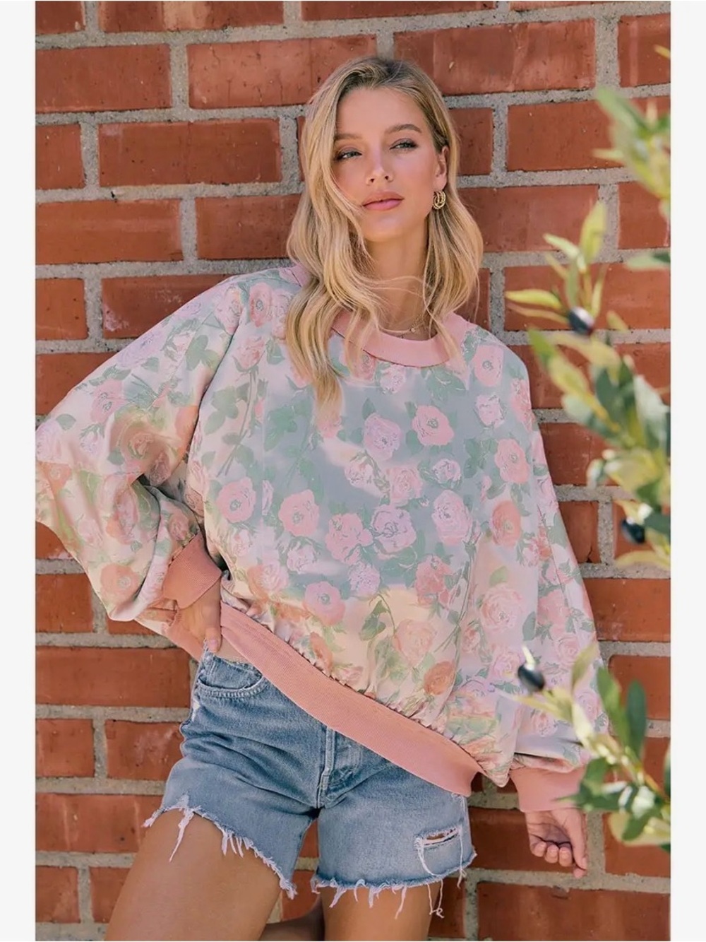 Red pink rose floral dolman sleeve pullover stitch sweatshirt tunic top - Picture 3 of 4